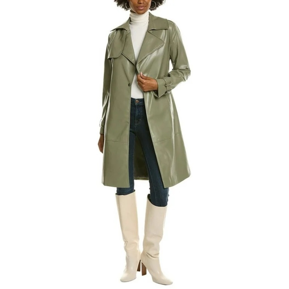 Elie Tahari Sage Green Vegan Leather Belted Trench Coat Large - Picture 7 of 10